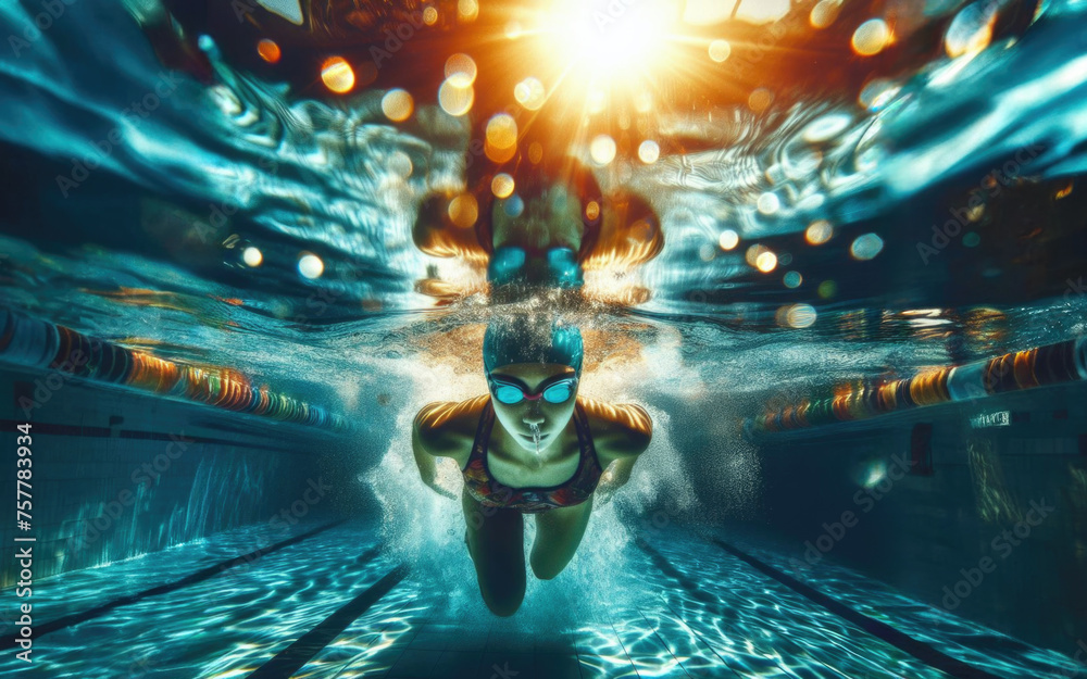 Woman Swimming Freestyle. Under water shoot of a woman swimming freestyle in olympic pool - obrazy, fototapety, plakaty 