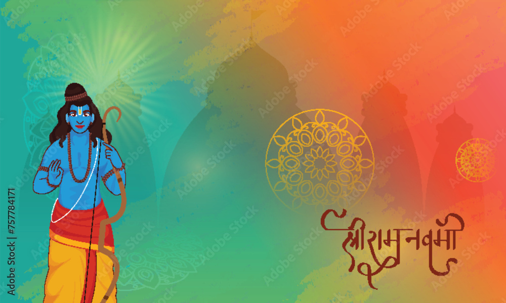 Shri Ram Navami (Birthday of Lord Rama) Greeting Card with Hindu Mythological Lord Rama Avatar in Blessing Pose on Colorful Gradient Silhouette Temple Background. Shri Ram Navami (Birthday of Lord Rama) Greeting Card with Hindu Mythological Lord Rama Avatar in Blessing Pose on Colorful Gradient Silhouette Temple Background.