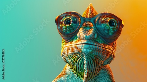 Colorful Chameleon with Glasses on Gradient Background - Close-Up Portrait