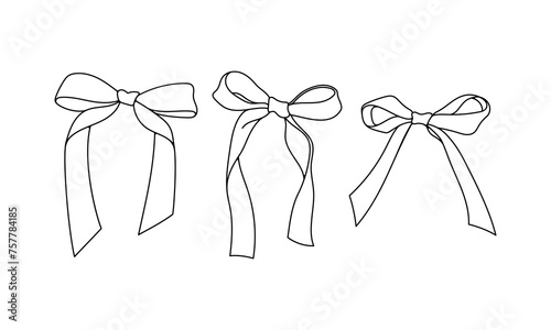Set of bows. Outline icons with elegant ribbons and ties. Wedding Party Stickers and Birthday Party Decorations in Handmade Style. Cartoon flat vector isolated on white background