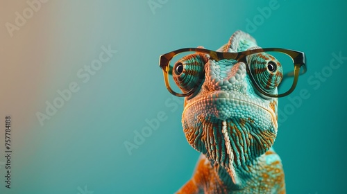 Colorful Chameleon with Glasses on Gradient Background - Close-Up Portrait © Mark