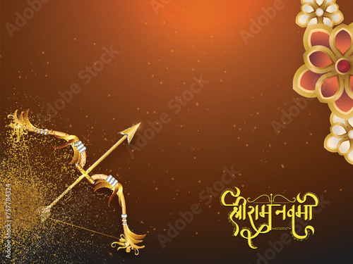 Shri Ram Navami (Birthday of Lord Rama) Greeting Card with Golden Lord Rama Bow, Glitter Effect and Flowers on Brown Background. photo