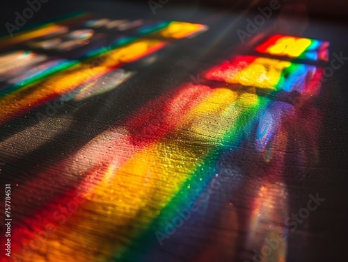 Warm sunlight casts vibrant rainbow shadows on a textured surface, giving a feeling of hope and positivity