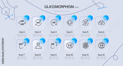 Virtual reality icon set. VR helmet, 360 degrees, glasses, gaming, technology, progress. Glassmorphism style. Vector line icon for business and advertising