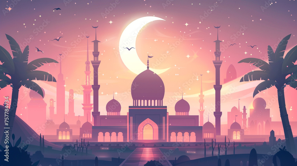EID moon on mosque in light pink color 