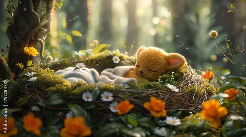 Plush toys nestle, inviting peaceful slumber in a cozy nest.