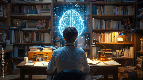 Back view of businessman sitting at desk in home office and brain drawing hologram.