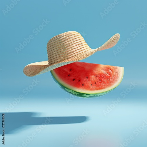 Creative visual of a watermelon slice in a straw hat casting a shadow on a serene blue surface