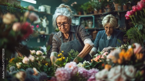 An experienced florist is intently preparing a floral arrangement, surrounded by various flowers