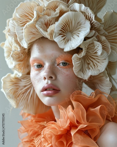 The image features a woman adorned with a headdress made from oyster mushrooms, highlighting a unique blend of nature and fashion