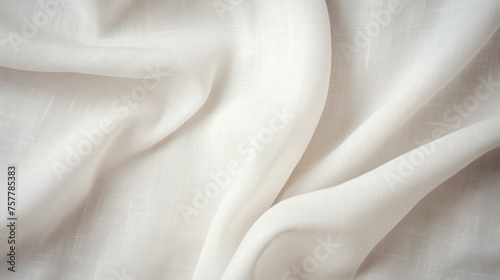 Close-up, Horizontal Texture, background of White, Cream fabric. Linen, Muslin cotton Natural Fabric with wavy soft lines of plain weave in natural light. Baby Blanket, Diaper, Plaid.
