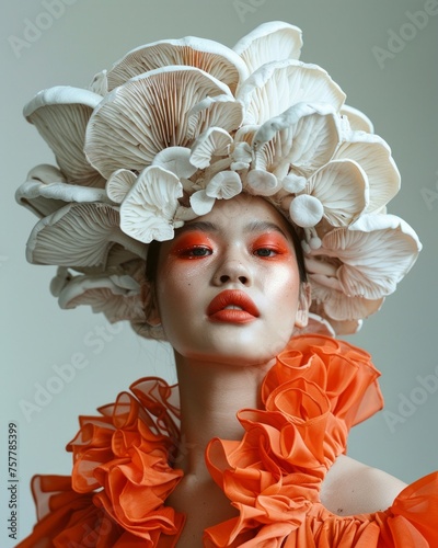 A striking image showing a female model with a bold oyster mushroom headdress and vibrant orange makeup