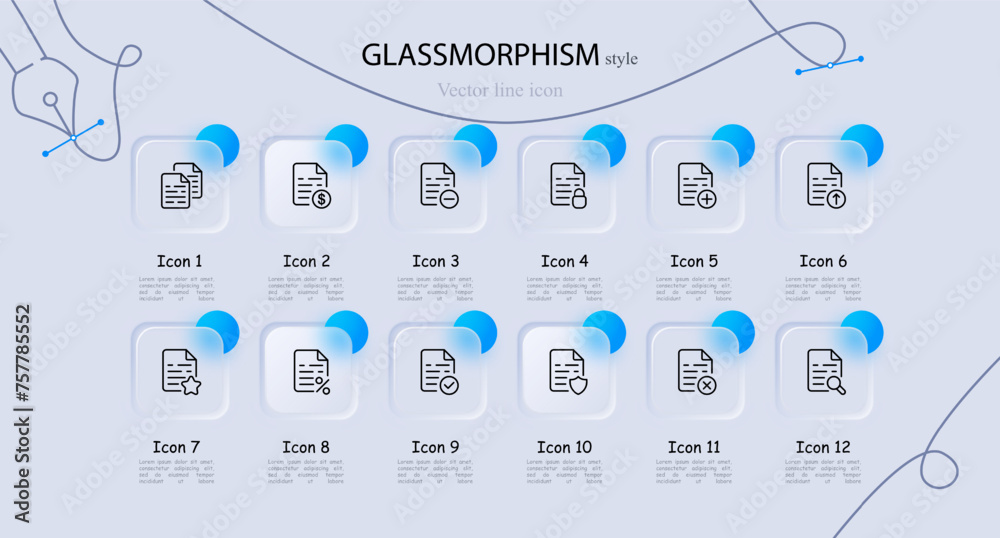 File icon set. Information, data, preservation, script, writing, protection, confirmation, punctuation check. Glassmorphism style. Vector line icon for business and advertising File icon set. Information, data, preservation, script, writing, protection, confirmation, punctuation check. Glassmorphism style. Vector line icon for business and advertising