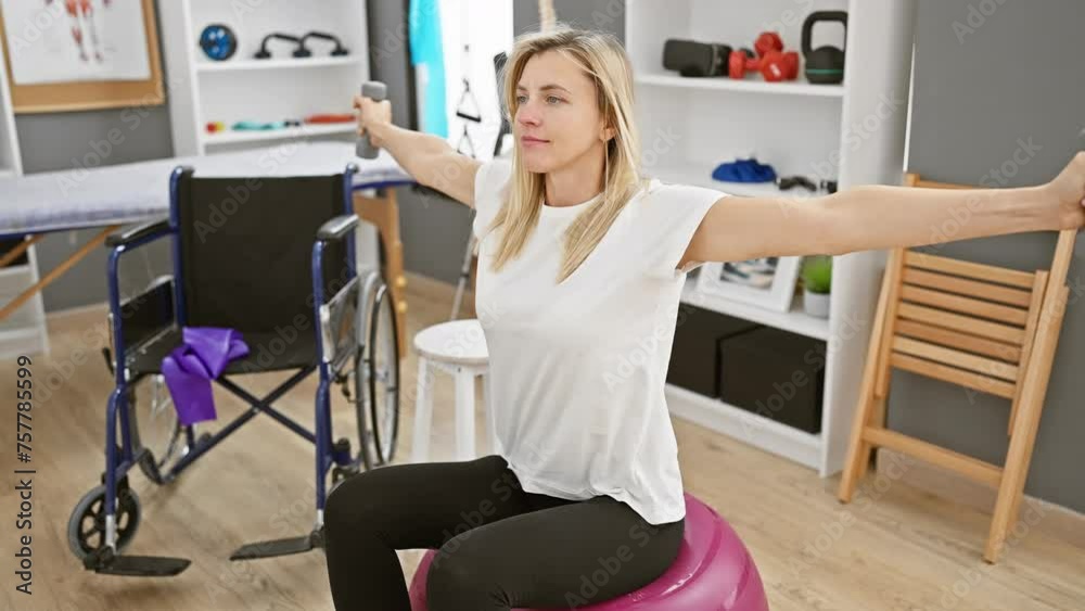 A young blonde woman exercises with dumbbells on a balance ball in a rehab clinic room, indicating therapy, fitness, and recovery. A young blonde woman exercises with dumbbells on a balance ball in a rehab clinic room, indicating therapy, fitness, and recovery.