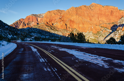 Icy Snow Covered Road at Zion National Park in Utah
