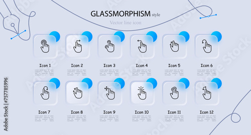 Cursor icon set. Mouse, zoom in, zoom out, control, swipe, hold. Glassmorphism style. Vector line icon for business and advertising