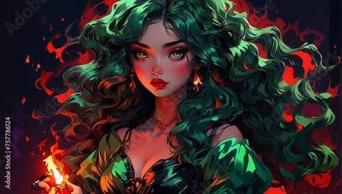 Femme fatale with long wavy green hair and red lips holding a lighter with bright fire