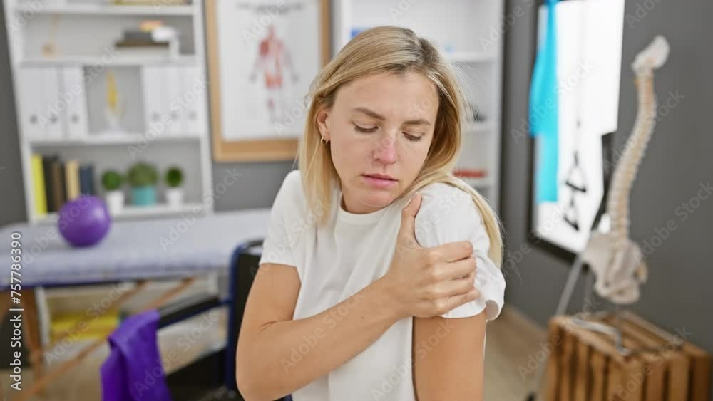 A pained young blonde woman examines her shoulder injury inside a bright rehab clinic. A pained young blonde woman examines her shoulder injury inside a bright rehab clinic.