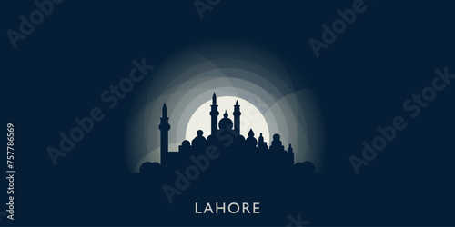 Lahore cityscape skyline city panorama vector flat modern banner illustration. Pakistan, Punjab megapolis emblem idea with landmarks and building silhouettes at sunrise sunset night	
