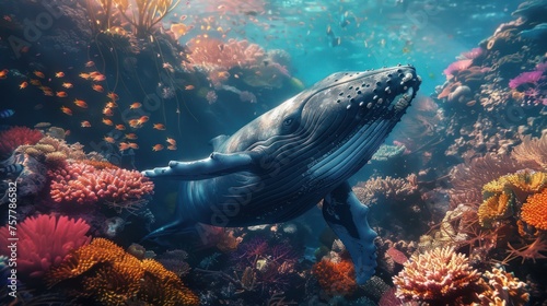 Whales are swimming underwater with beautiful colorful corals. © 2D_Jungle
