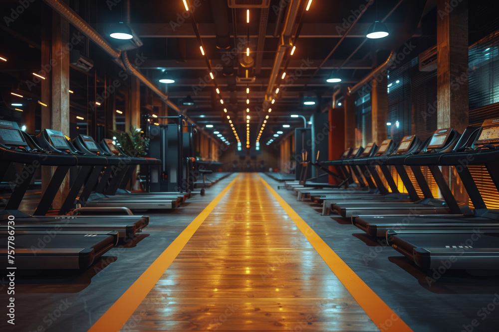 Rows of Treadmills in an Empty Gym Rows of Treadmills in an Empty Gym