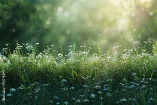 Sunlit Field With Grass and Flowers