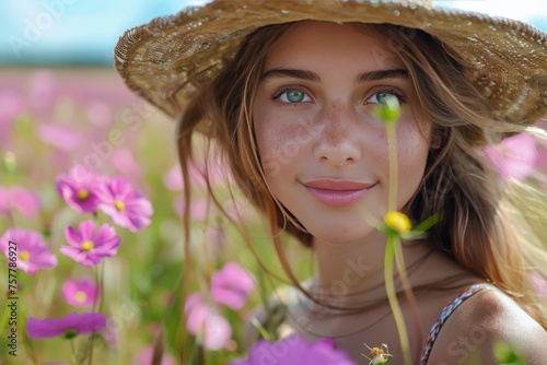 Woman Wearing Straw Hat in Field of Flowers