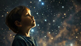 A small child stood in the dark of night while looking up at the sky filled with sparkling stars. Ai Generated Images