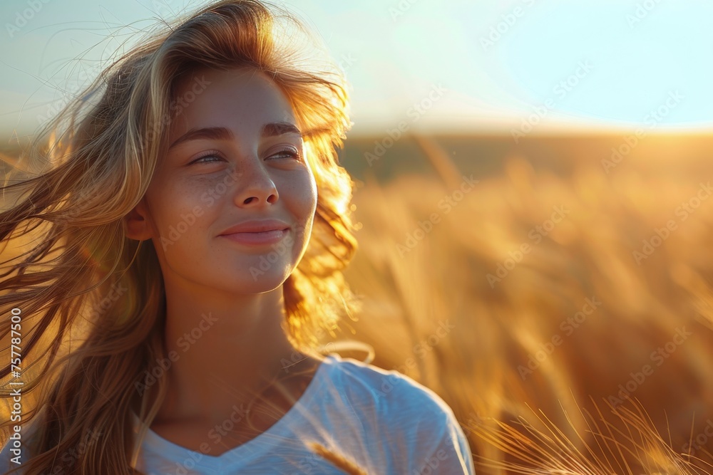 Woman Standing in a Wheat Field With Blowing Hair Woman Standing in a Wheat Field With Blowing Hair