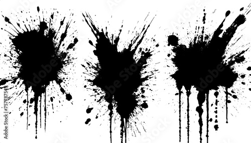 Ink splashes. Black inked splatter dirt stain splattered spray splash with drops blots isolated. Ink splashes stencil.  photo