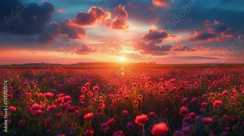Field of Pink Flowers Under Cloudy Sky