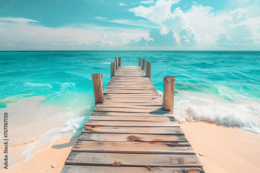 Sunny wooden dock extending over a calm, bright blue ocean. Perfect for a summer vacation
