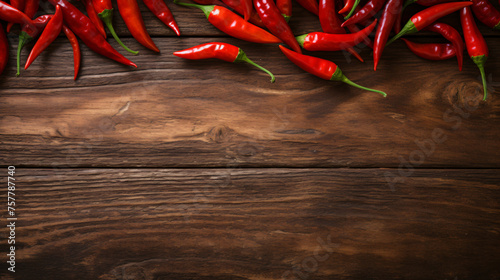 Red hot chili peppers on old wooden table 