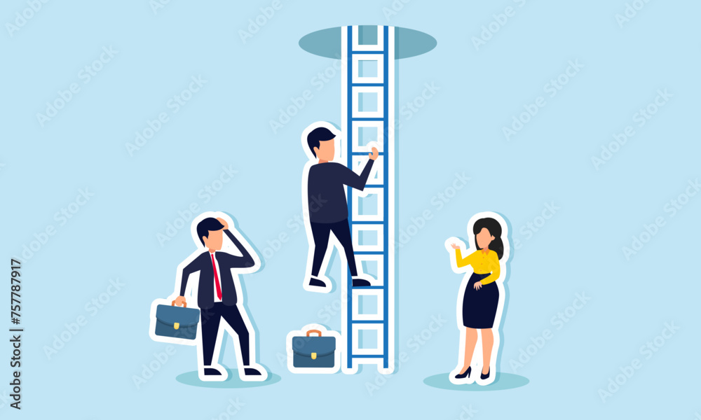 Motivation and hopefulness drive problem solving, facing challenges with courage to attain freedom and overcome fear concept, businessman climb up ladder to light shining way out. Motivation and hopefulness drive problem solving, facing challenges with courage to attain freedom and overcome fear concept, businessman climb up ladder to light shining way out.
