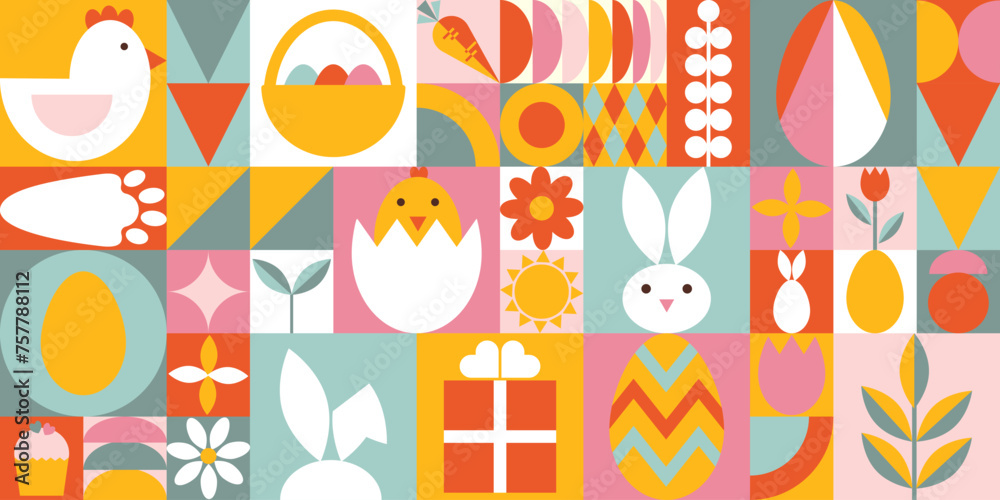 Fototapeta premium Happy Easter rectangular background. Abstract geometric shapes of bunny, eggs, gift, nestling, flowers. Trendy festive design for banner, wallpaper, cover. 