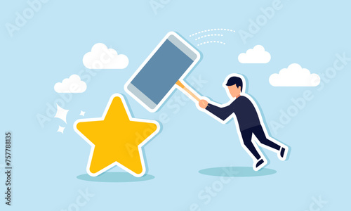 Credit rating downgrade diminishes reputation, trust, or score, eliciting negative feedback and credit score reduction concept, businessman hit star credit rating with big hammer.
