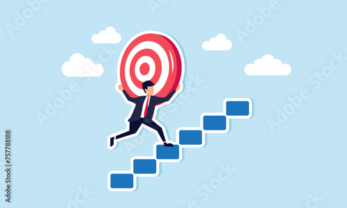 Striving with ambition to achieve goals, overcoming challenges to reach higher targets in business or career concept, strong businessman carry big target on his shoulder walking up the stairs.
