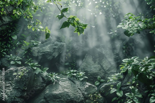 Dense Green Leaves in Foggy Forest