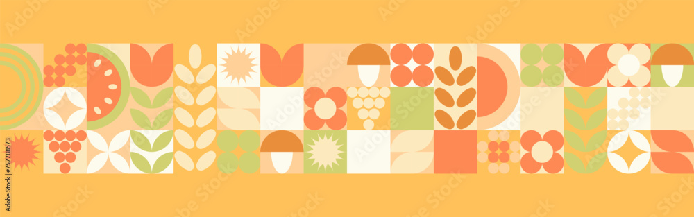 Autumn geometric background, yellow and orange ornament with leaves and mushrooms. Mosaic seamless pattern in earthy tones.	 - obrazy, fototapety, plakaty 