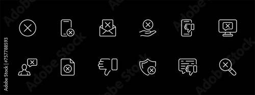 Cancel icon set. Message, thumbs down, magnifying glass, prohibition, smartphone, parental control. White line icon on black background. Vector line icon for business and advertising