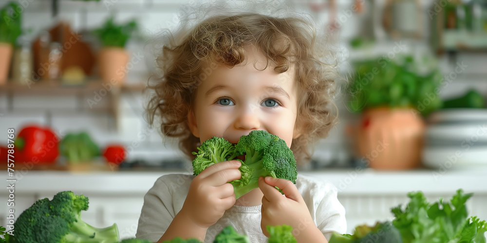 Cute little child eating broccoli in the kitchen. Healthy food concept. 
