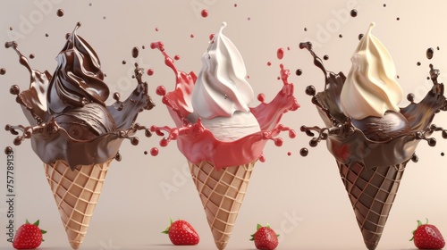 set of Chocolate, vanilla and strawberry splash of Ice cream cone flavor with clipping path, 3d, dessert, sweet, food, ice cream, delicious photo