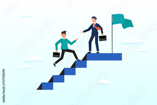 Businessman leader help employee climb to target at top of stair, ethical leadership help colleague to succeed and reach goal achieve target, mentorship, support or help for career success (Vector)