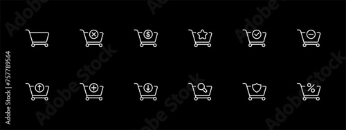 Grocery cart icon set. Search, shopping cart, online shopping, delivery, minus, plus, confirmation. White line icon on black background. Vector line icon for business and advertising