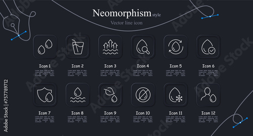 Water icon set. Humidity, drop, magnifying glass, shield, snowflake, state of aggregation, steam. Neomorphism style. Vector line icon for business and advertising