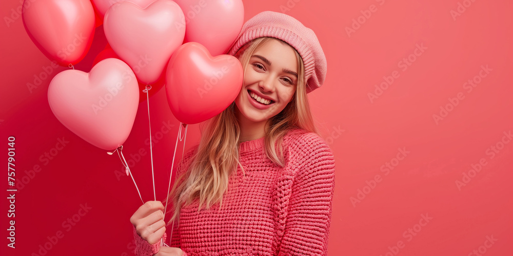 young beautiful emotional girl in pink dress with red ballons on red background. Happy Valentine's day