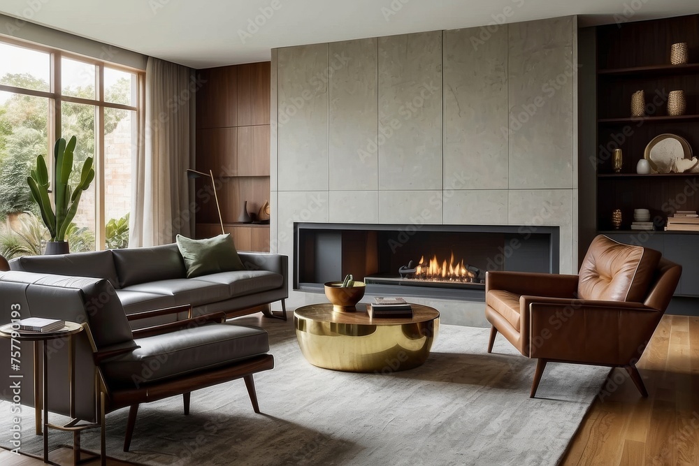 Fototapeta premium Mid-Century Lounge Area with Leather Chairs