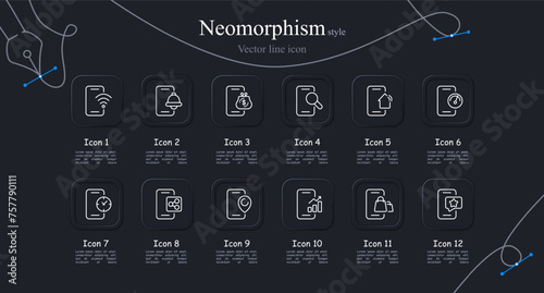 Smartphone icon set. Wi-Fi connection, favorites, wallet, call, growth chart. Neomorphism style. Vector line icon for business and advertising