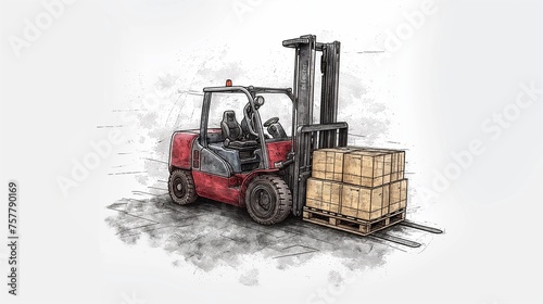 Red warehouse forklift with pallet of boxes