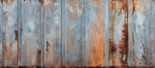 A detailed shot of a weathered metal wall contrasting with a wooden fence in the background. The rust and natural wood textures create an artistic pattern against a backdrop of green grass